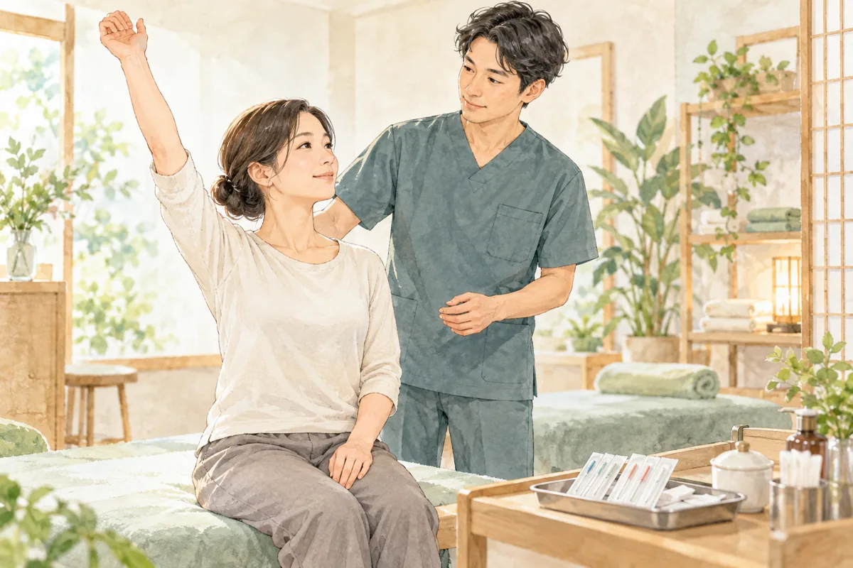 肩の動きを評価する場面を描いたイメージイラスト。実際の患者・施術写真ではありません。
